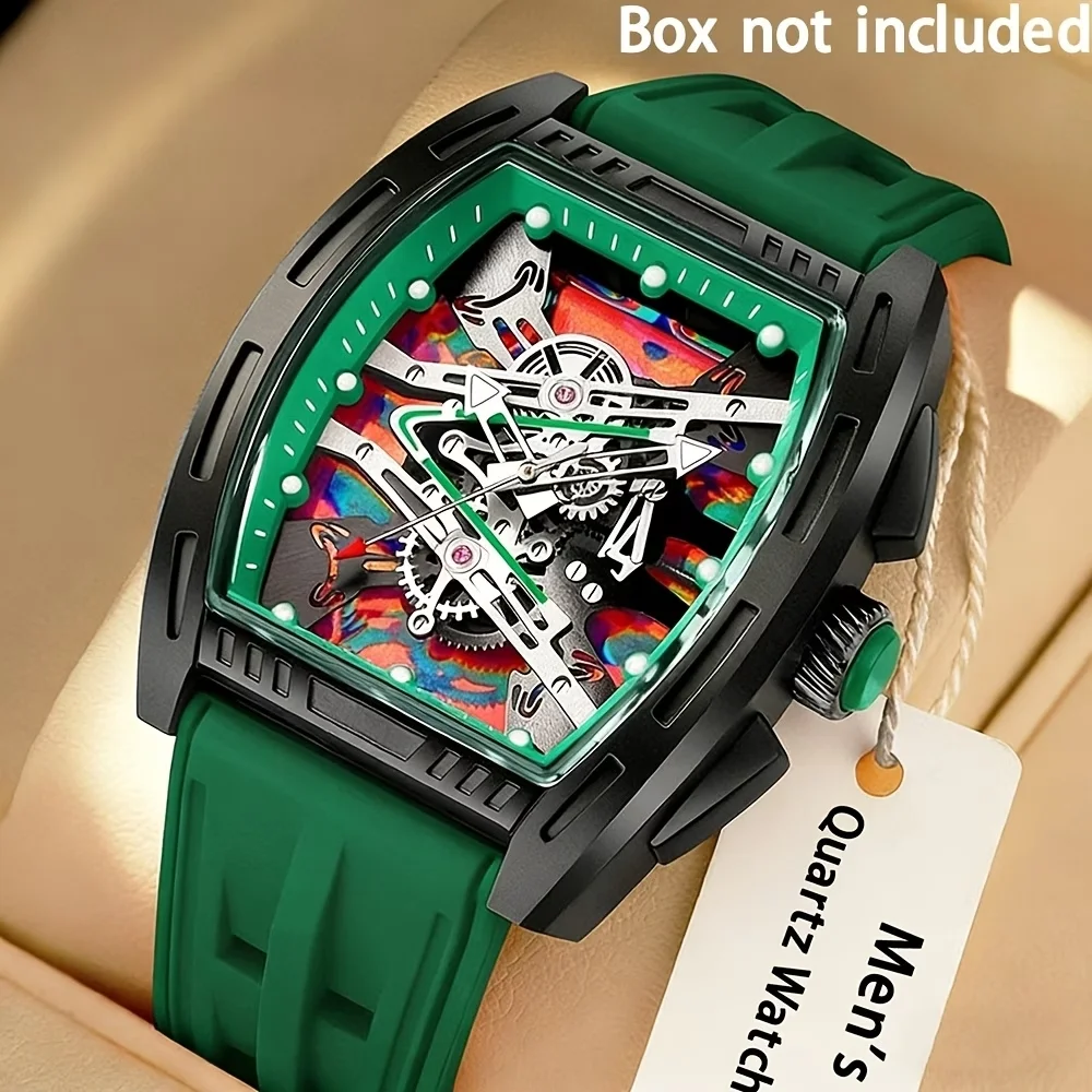 4PCS Fashion Silicone Strap Men Watch Jewelry Set Tonneau Skeleton Dial Sports Quartz Wristwatches Relogio Masculino（Without Box
