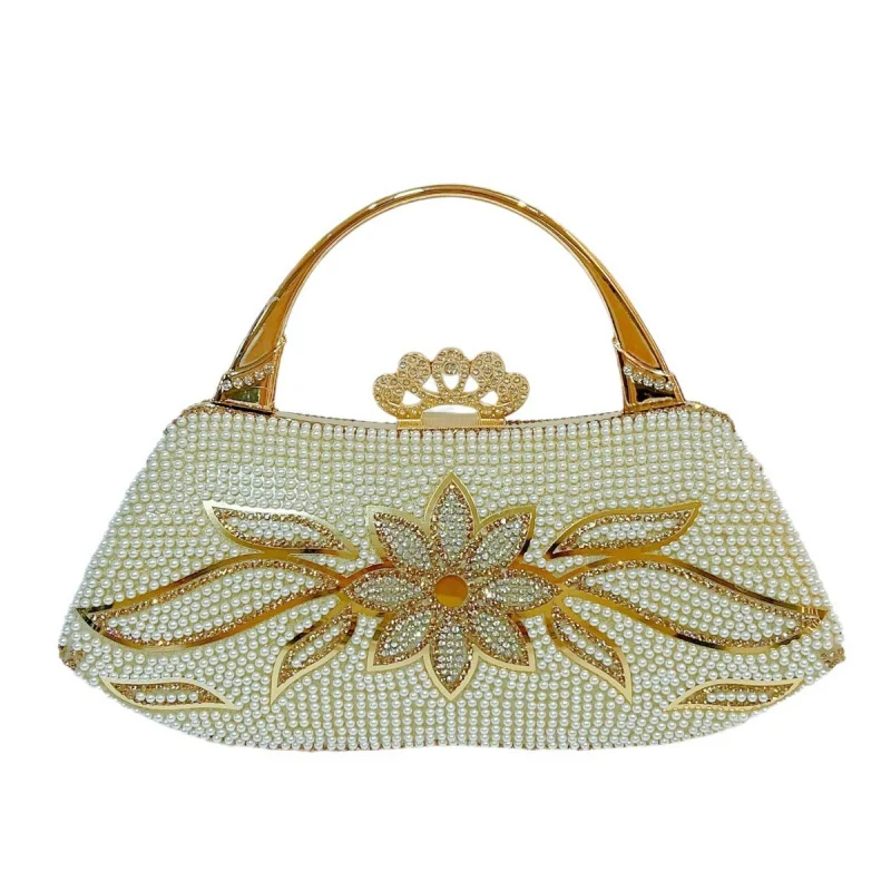 

New Pearl Handbag, Flower-embellished Diamond-studded Handheld Bag, Banquet Handbag women Bag, Single-shoulder Evening Bag