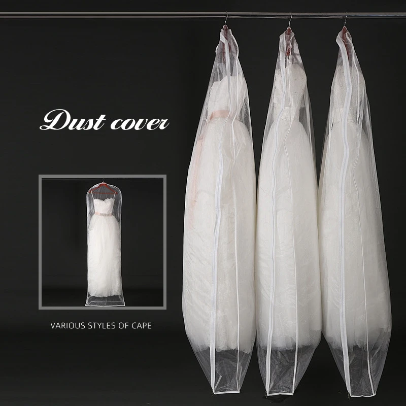 Double-sided Transparent Tulle/Voile Wedding Bridal Dress Dust Cover with Side-zipper for Home Wardrobe Gown Storage Bags