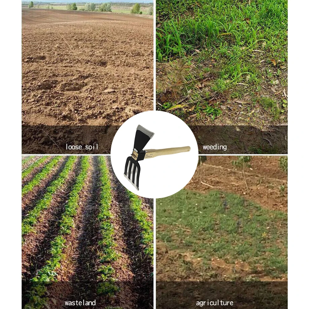 Herramienta de rastrillo de mano para jardín con mango de madera, azada de doble uso, mini azada y cultivador para excavar, deshierbe, jardinería y cultivar