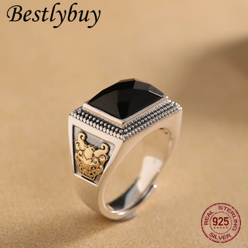

NEW S925 Sterling Silver Ring For Men And Women Retro Fashion Natural Cut Black Agate Carving Scorpion Ruling Ring
