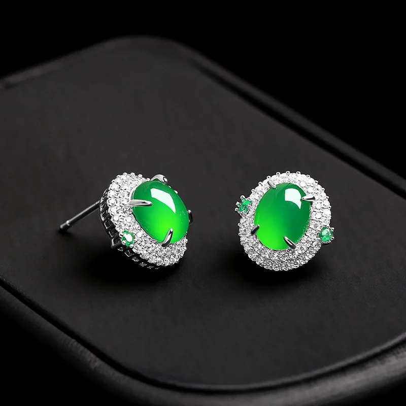 2024 New Fashion Emerald Green Chalcedony Surface S925 Sterling Silver Earrings Natural Agate Anti-Allergy