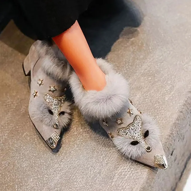

Fashion Women Shoes New Autumn Versatile Ankle Boot Comfort Warm Pointed Thick Heel Cotton Boots Classic Elegant Velvet Shoes