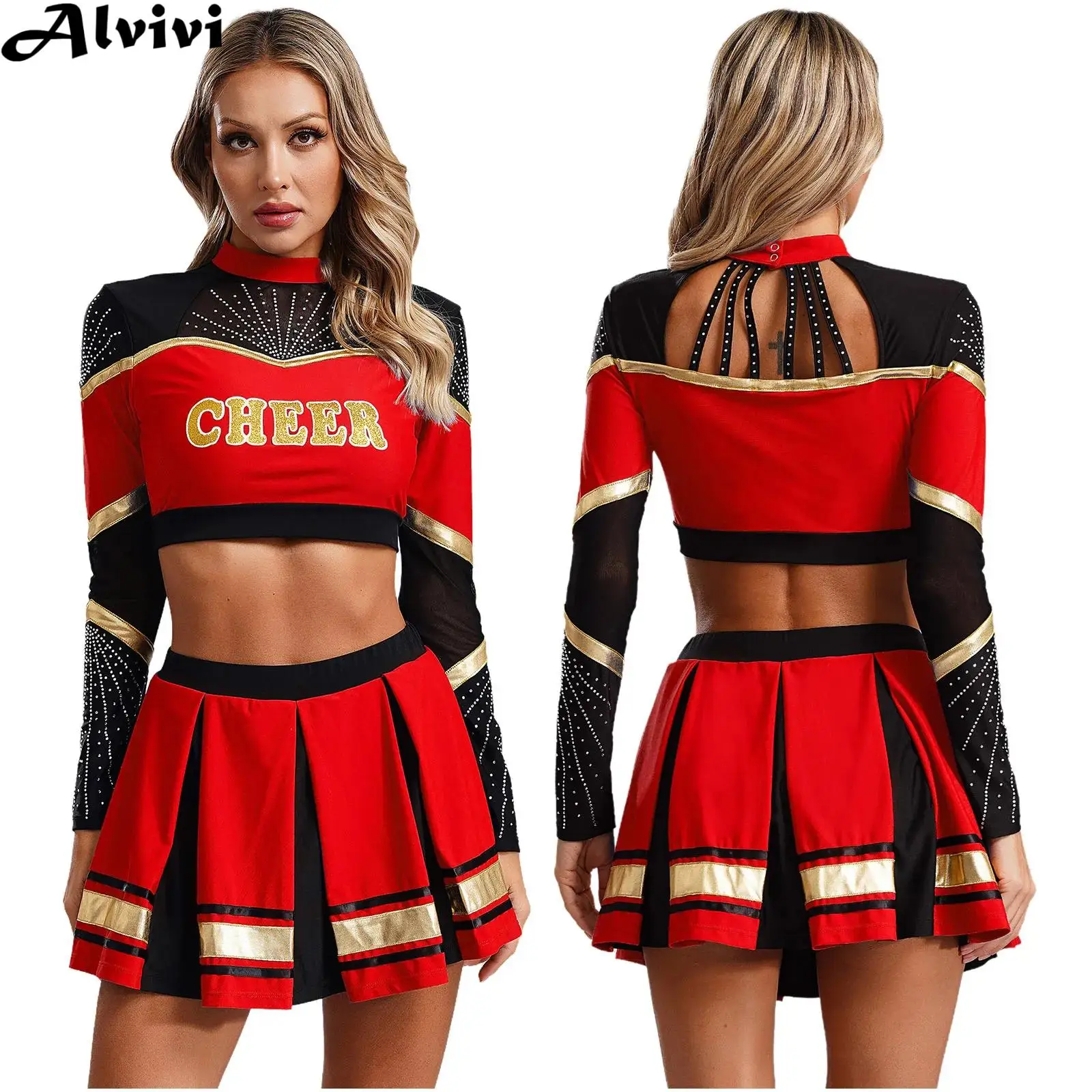 Tenue de danse pom-pom girl pour femme, haut court brillant à manches longues avec jupe plissée, uniforme d'encouragement pour réunion sportive, performance sur scène