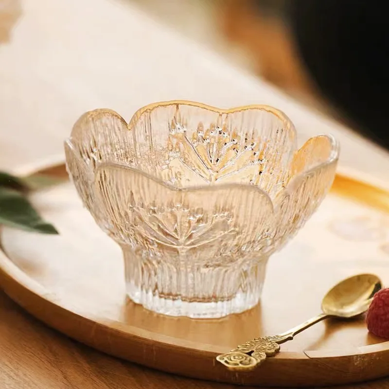 

Vintage Petal Embossed Glass Dessert Bowl Ice Cream Bowl Trifle Bowl Salad Bowl Candy Cake Bowl for Home Party Wedding
