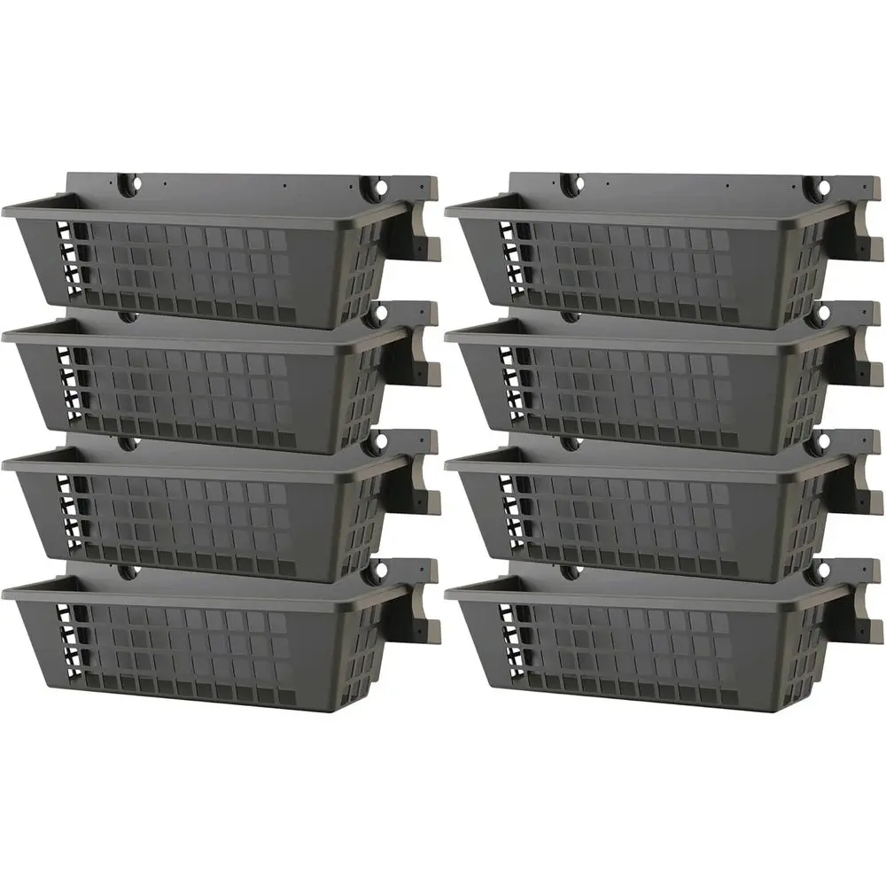 Black Outdoor Storage Baskets, 8-Pack Resin Organizers, 25x7.25x7, Holds 30 lbs, EZ Bolt Wall Mount