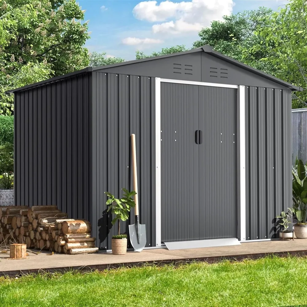 Outdoor 6 X 8 Feet Tool House with French Door Backyard Garden Storage Shed Outdoor Lawn Steel Roof Style Shed, Garden, Gray