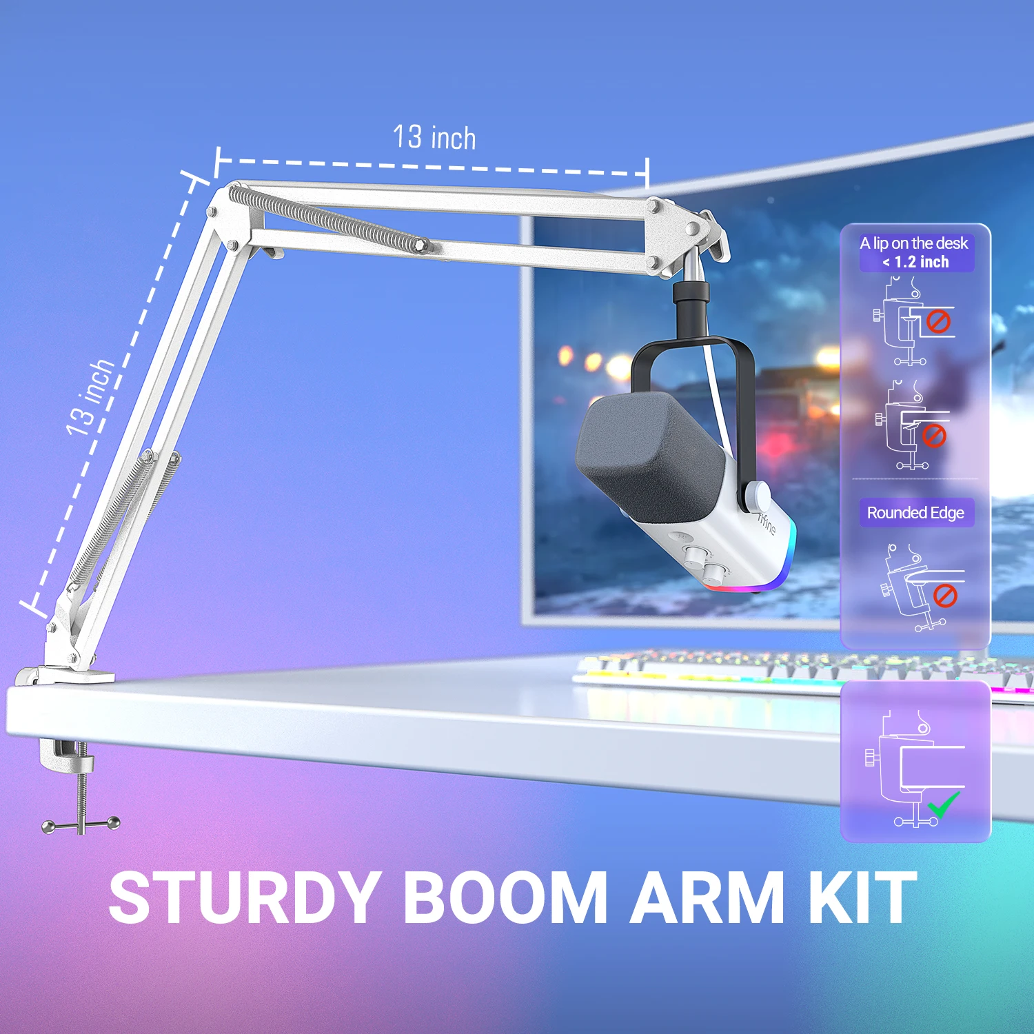 FIFINE USB/XLR 게임용 마이크 키트(헤드폰 잭/RGB/붐 암 포함), PC PS5/4 믹서 AmpliGame White-AM8TW용 다이나믹 마이크 세트 썸네일 2