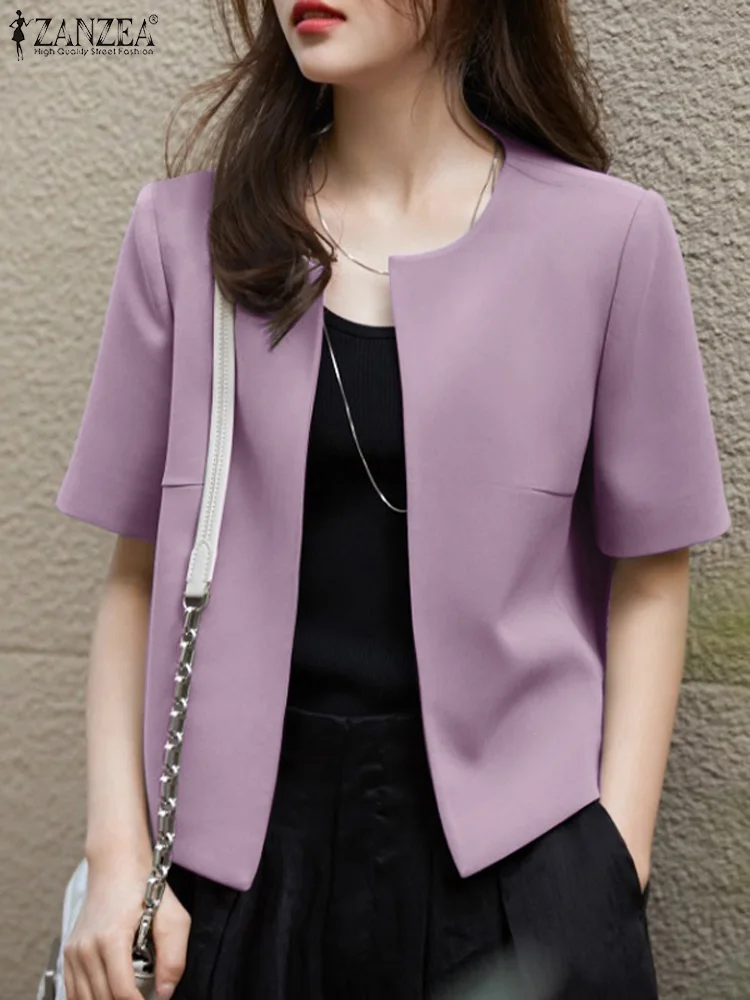 ZANZEA Summer Elegant OL Work Blouse Women Blazer Thin Female Short Sleeve Tops Open Front Cardigan Fashion Office Lady Shirt