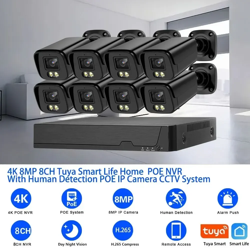 Tuya 8CH 4K POE IP Camera Security System System 8MP NVR Kit Outdoor Waterproof Audio CCTV Surveillance Cameras de Seguridad Kit