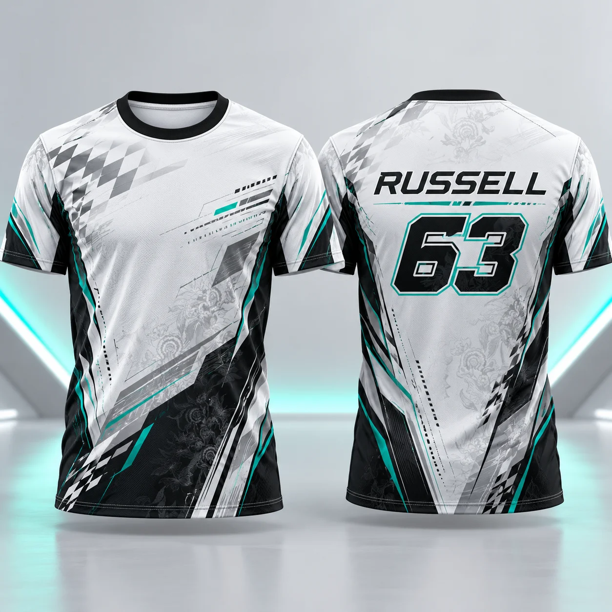 Russell 63 Mens Racing T Shirt Summer Short Sleeve Motorsport Jersey White Black Graphic Tee Unisex Streetwear Track Day Fan Top