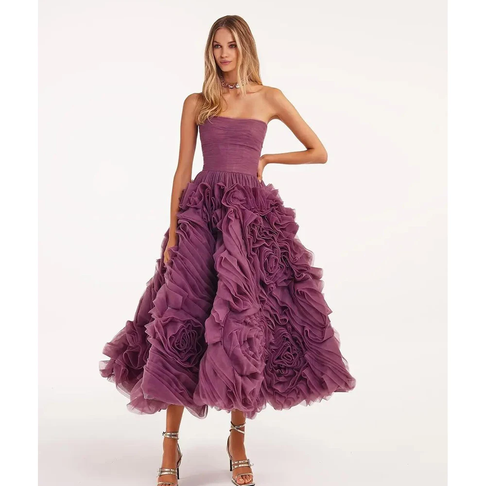 Fashion Strapless Evening Dresses Chic Pleat Flower Ankle-length Lace Up A-Line Gowns Elegant Cocktail Prom Formal Party Dresses