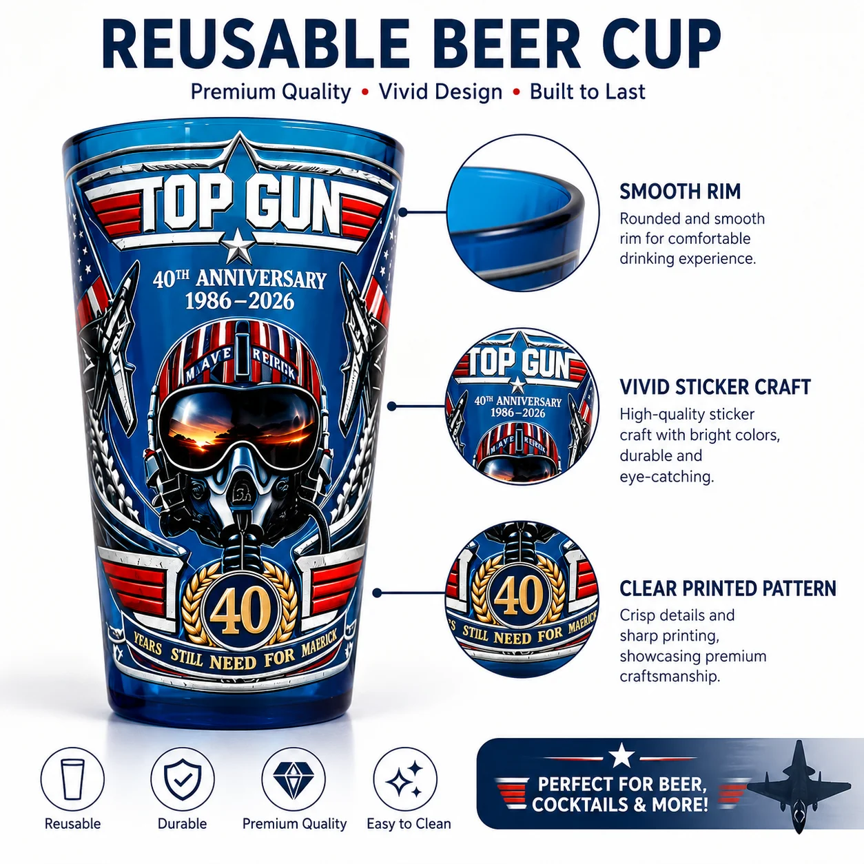 Top Gun 40th Anniversary Beer Cup Reusable Tall Tumbler Aviation Fighter Pilot Theme Sticker Craft Drinkware Fan Gift