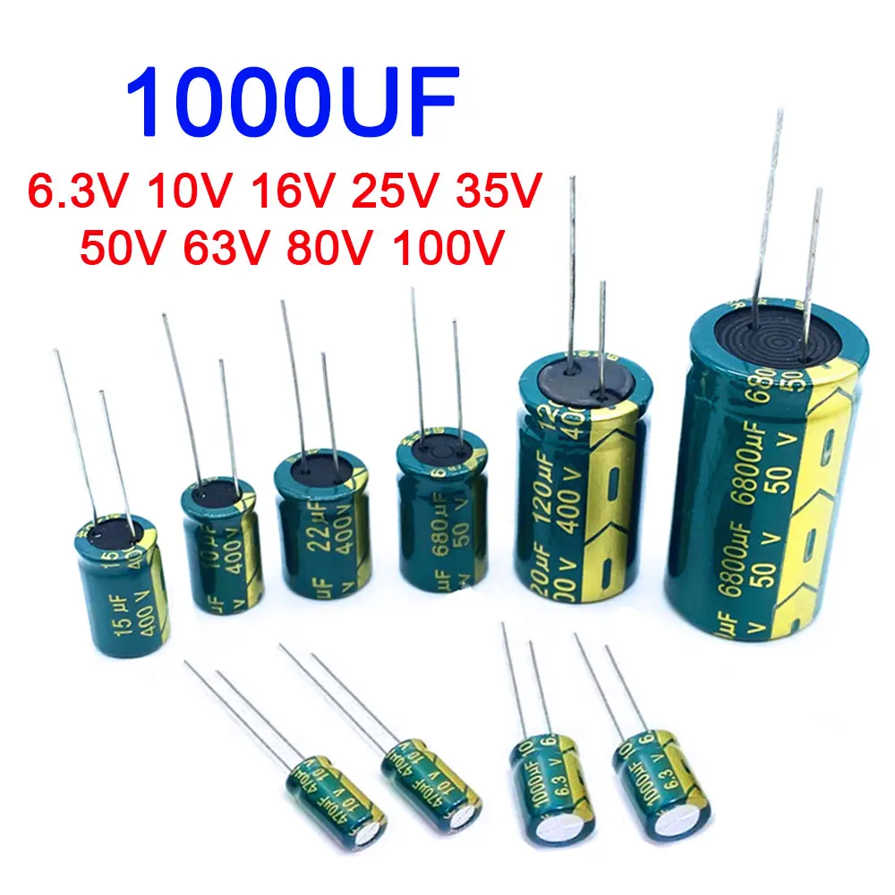 Capacitor de alumínio de alta frequência do baixo ESR, 1000 UF, 6.3V, 10V, 16V, 25V, 35V, 50V, 63V, 80V, 100V, 20%, UF35V 1000, UF25V 1000UF50V