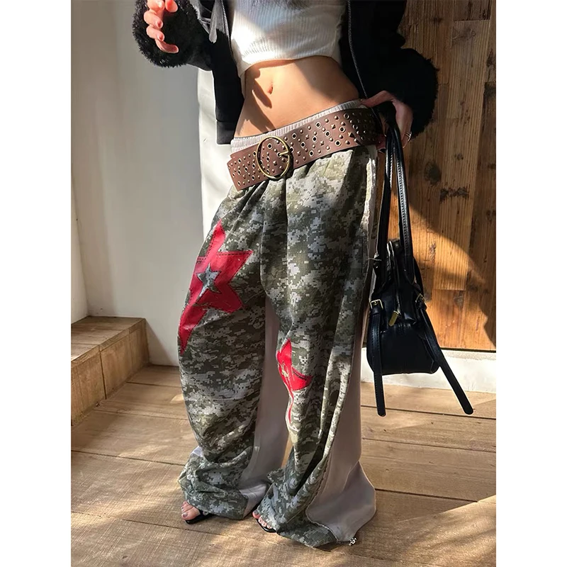 YIBASHU アメリカンレトロスターパッチワーク迷彩ワイドレッグスポーツパンツ女性の秋冬ハイストリートヒップホップワイドレッグパンツ