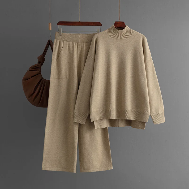 Set maglione diviso sul davanti a mezzo dolcevita lavorato a maglia tinta unita per donna Set maglione casual moda autunno/inverno in due pezzi