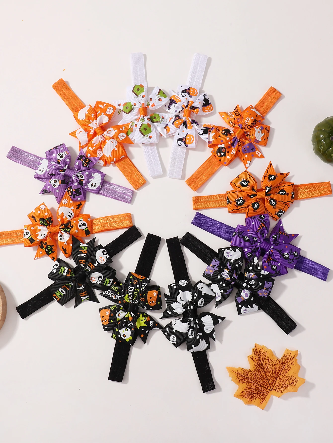 Halloween-Bogen-Stirnband-Set für Babys, 5/12 Stück, Kürbis-Fledermaus-Druck, elastisches Band, Haarbänder für Neugeborene, elastisches Haar-Accessoire