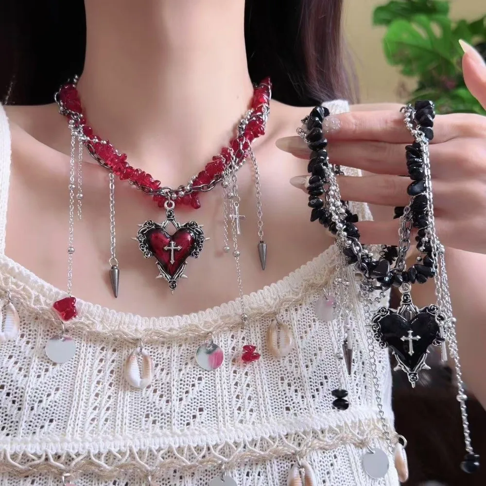 

Korean Y2K Style Halloween Cross Necklace Jewelry Gravel Bead Love Double Layer Choker Personality Cross Metal Clavicle Chain