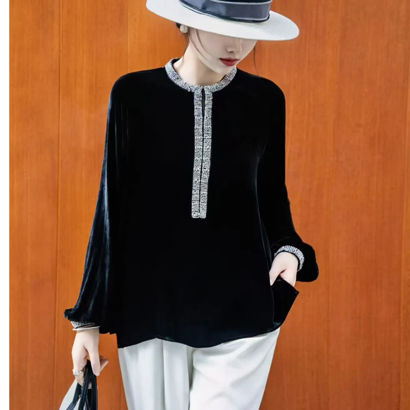 Spring and Autumn New Round Neck Silk +Velvet Fabric Exquisite Nail Bead Design Elegant and Beautiful Women's Shirt M-XXL