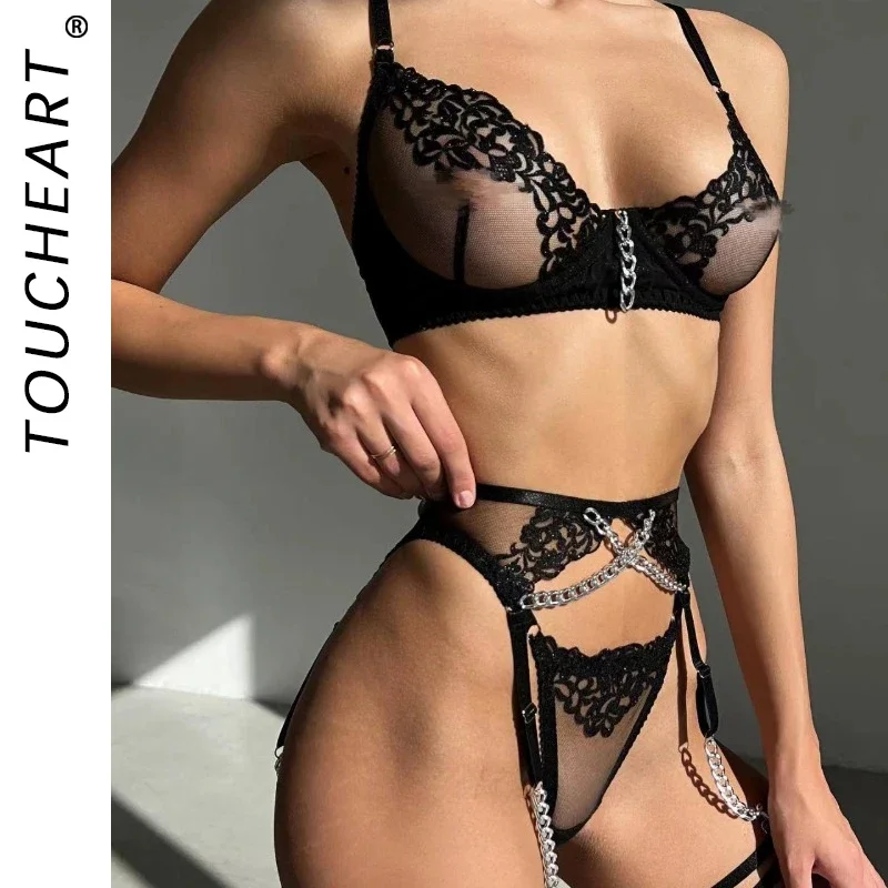 

Toucheart 4-Piece Set Sexy Lingerie Metal Chain Embroidered Printing Perspective Sexy Hollow Out Lingerie Garter Kit For Women