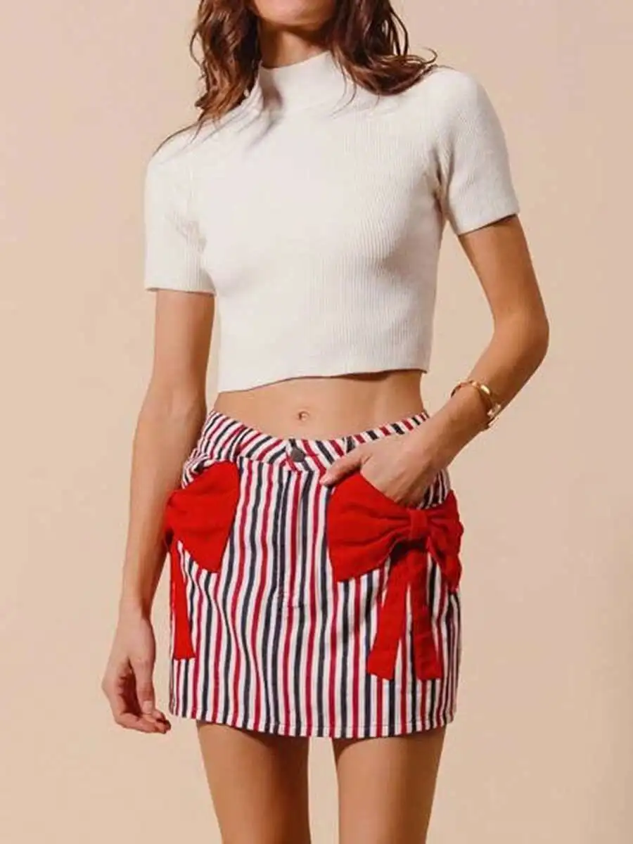 

Womens High Waist Striped Denim Skirt With Bow Knot Casual Bodycon Mini Skirt