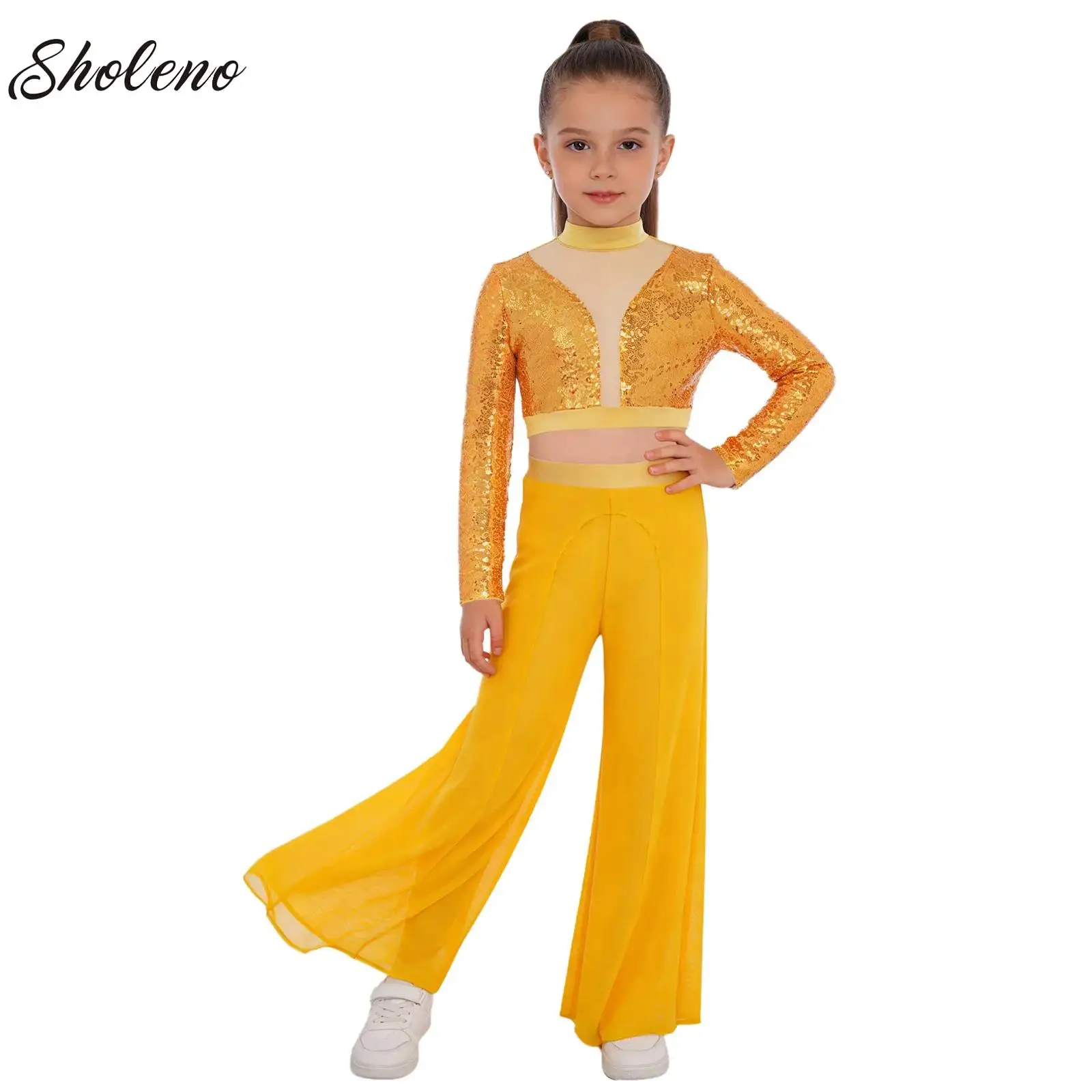 

Kid Girls Lyrical Contemporary Dance Practice Costume Shiny Crop Tops with Wide-Leg Mesh Pants Ballet Classical Gymnastics Dress