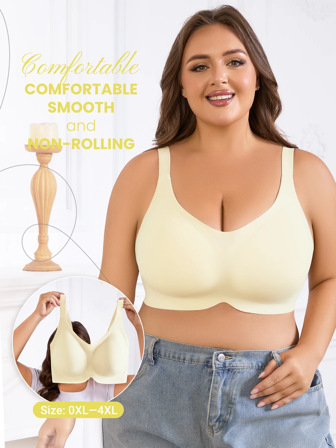 Plus Size Women Solid Color Daily Comfort Yoga Sports Bra, Lift Anti-Sagging Bra, Sexy V Neck, Wire-Free with RemovableSoft Pads