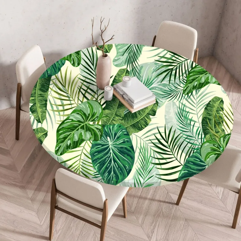 New Plant Flower Palm Leaf Waterproof Loose Tight Dining Round Table Cover Printed Circular Tablecloth