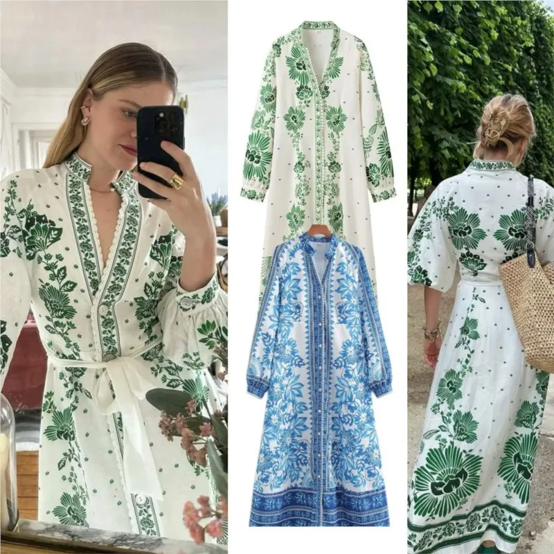 

2025 Women's Loose-Fit V-Neck Printed Dress Long Sleeve Lantern Sleeved Vacation Dress Fashionable And Casual vestidos elegante