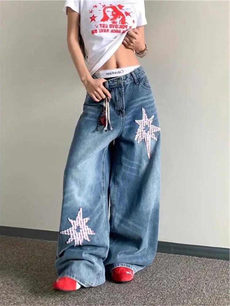

Широкие джинсы с высокой талией, женские дизайнерские свободные джинсовые брюки со звездами в стиле пэчворк, американский ретро Sle