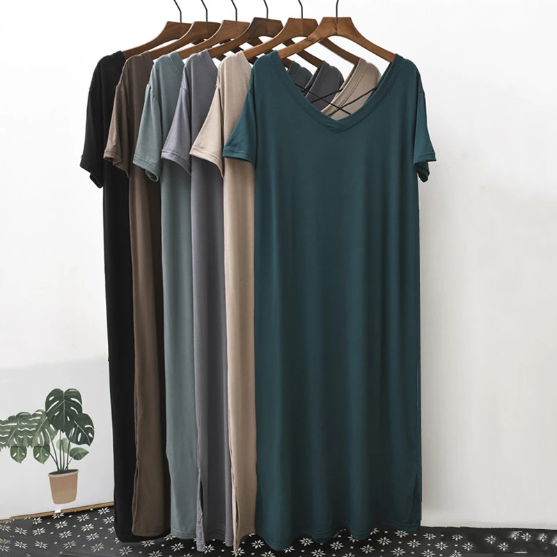 

Modal Sleep Dress Women Summer Short Sleeve Dress Backless Loose Casual Wearable Pregnant Nightgown Thin Home Skirt