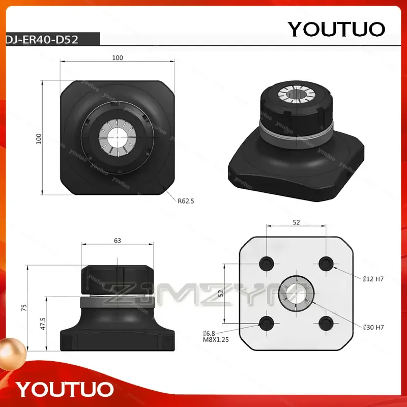 for DJ-ER40-D52 Self Centering Tiger Pliers Clamp Seat D52 M8 Latin 4-5 Axis Fixture Self-centering Vise Diameter 1-30mm