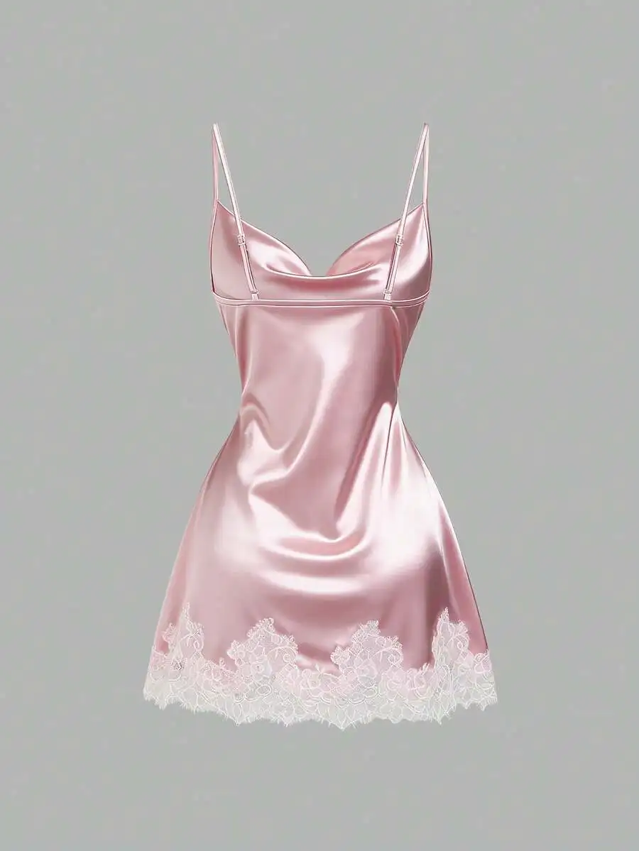 

Pink Satin Lace Trim Slip Dress For Women Spring Summer Elegant Sleepwear Nightdress
