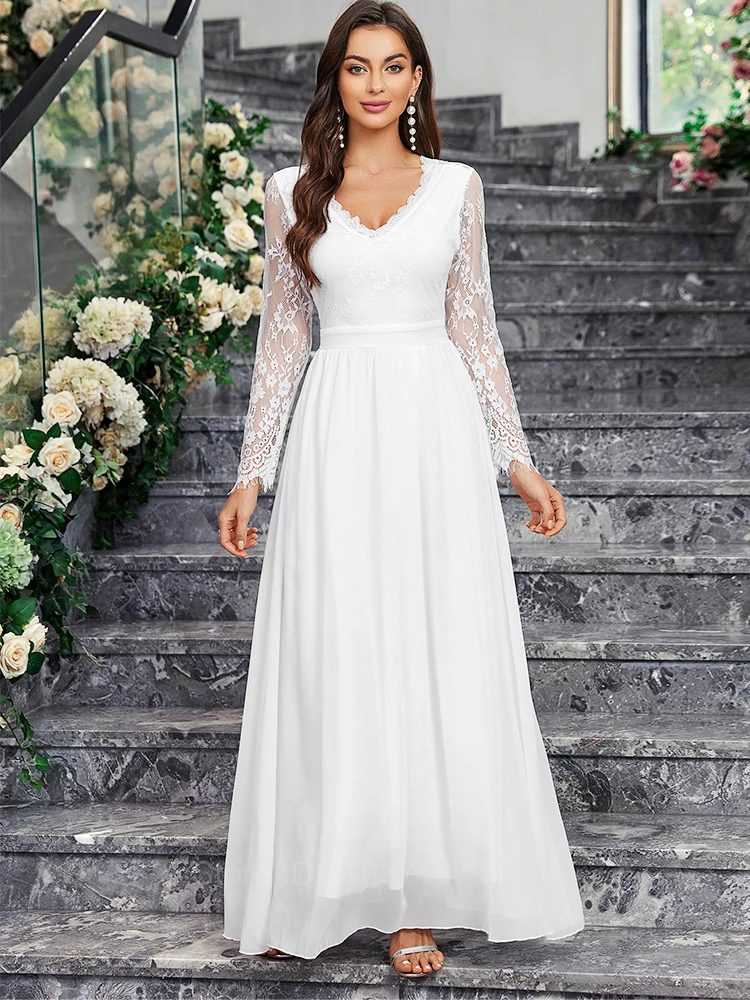 Ladies Elegant Floral Lace Panel White Dress A Line High Waist Large Swing Prom Dresses Women Evening Party Wedding Long Dresses