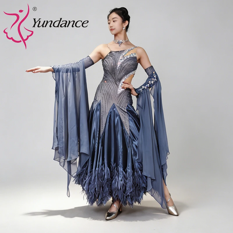 B-26028 Custom International Standard Ballroom Dance Dress for Women Chrisanne Hematite Satin Chiffon Stage Performance Wear