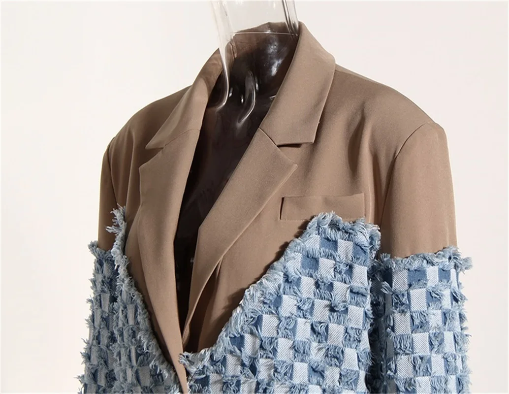 Spleißen Plaid Muster Frauen Anzug Kerbe Revers zwei Knöpfe Tops glamouröse Kontrast farbe Langarm Blazer neues Design auf Lager