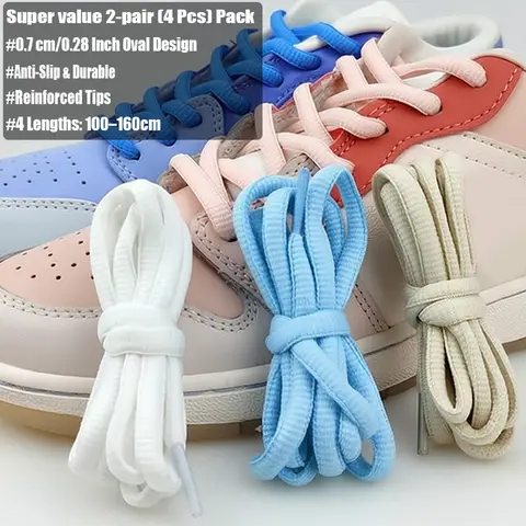 4Pcs/ 2 Pairs 7mm Oval Shoelaces Round Flat Replacement Laces for Skate Shoes Dad Shoes Hiking Boots Sneakers Casual Sports
