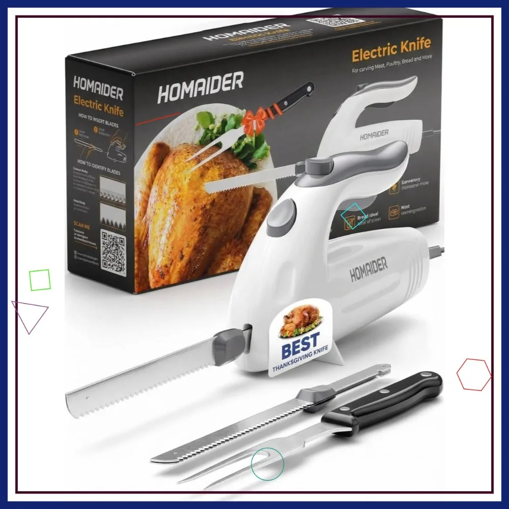 

Electric Knife for Meat Slicing, Turkey, Bread & More | Ergonomic Handle + 2 Blades & Fork, 6ft Cord