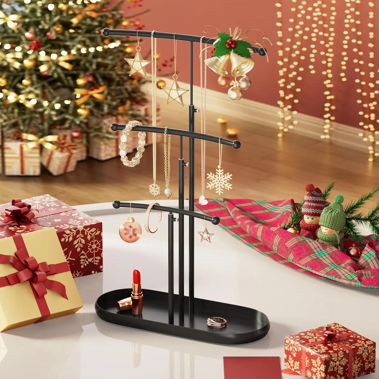 Metal Jewelry Tree, 3-Tier Organizer for Necklaces & Earrings, Black Display Stand – Christmas Gift