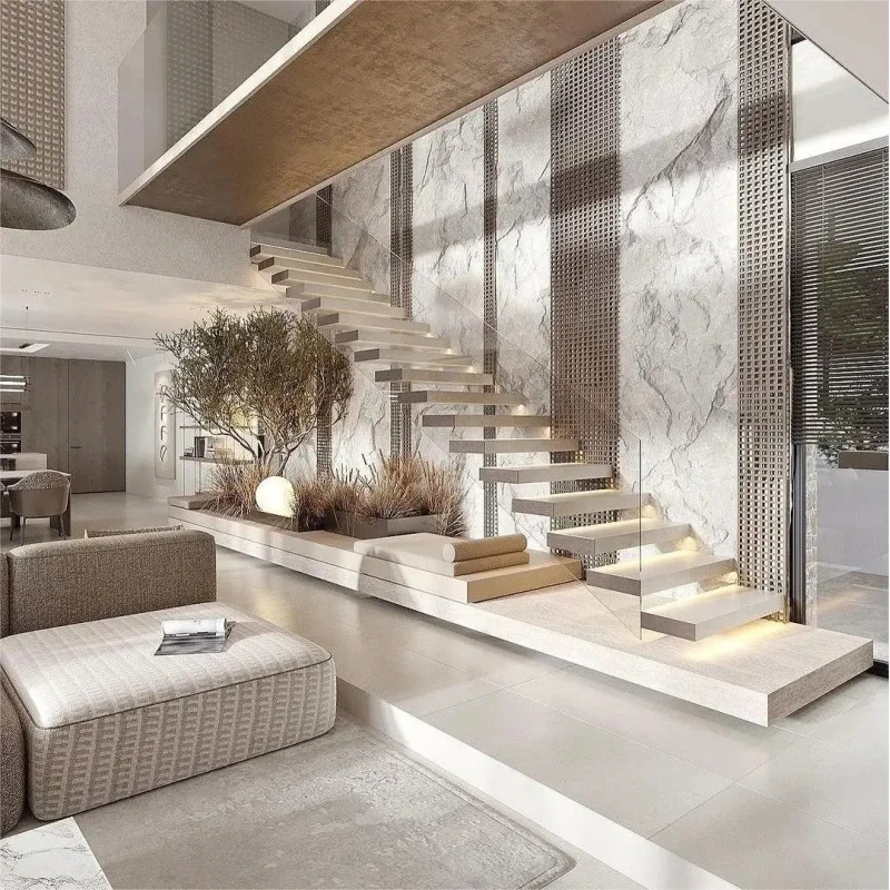 custom.Floating Staircase with Hardwood Steps Concealed Frame Glass Side Railings Custom Architectural Stairs High End Resid