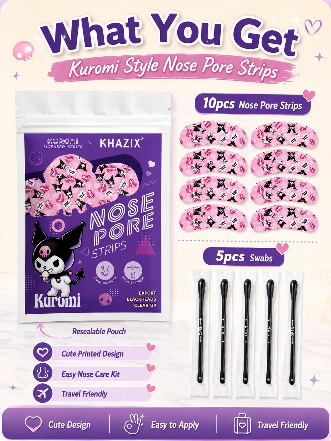Sanrio Cartoon Nose Strips with Cotton Swabs, 10+5 Pieces, Deep Cleansing for Pores, Gentle Water-Activated Nasal Pads