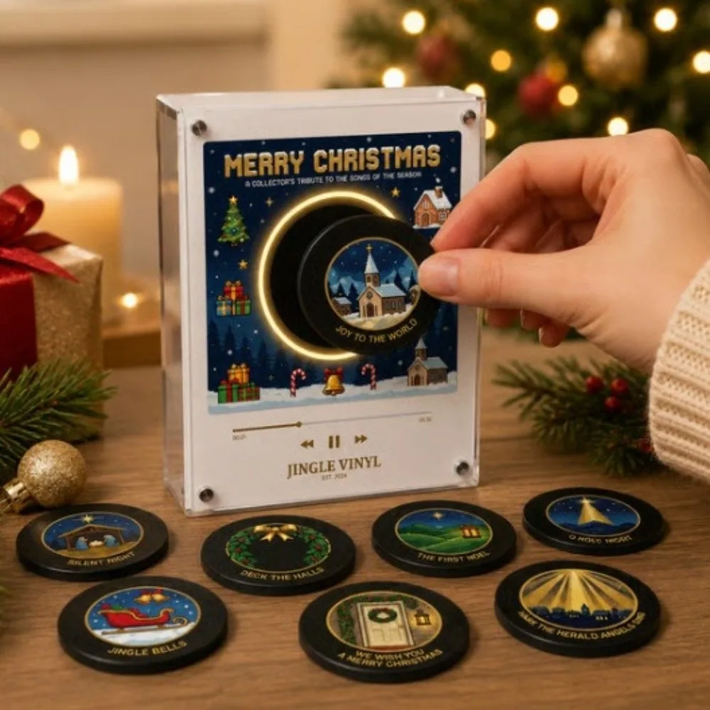 Christmas Mini Vinyl Record Music Player Refrigerator Magnet with 9 NFC Fridge Records NFC Music Box Magnetic Disc Set