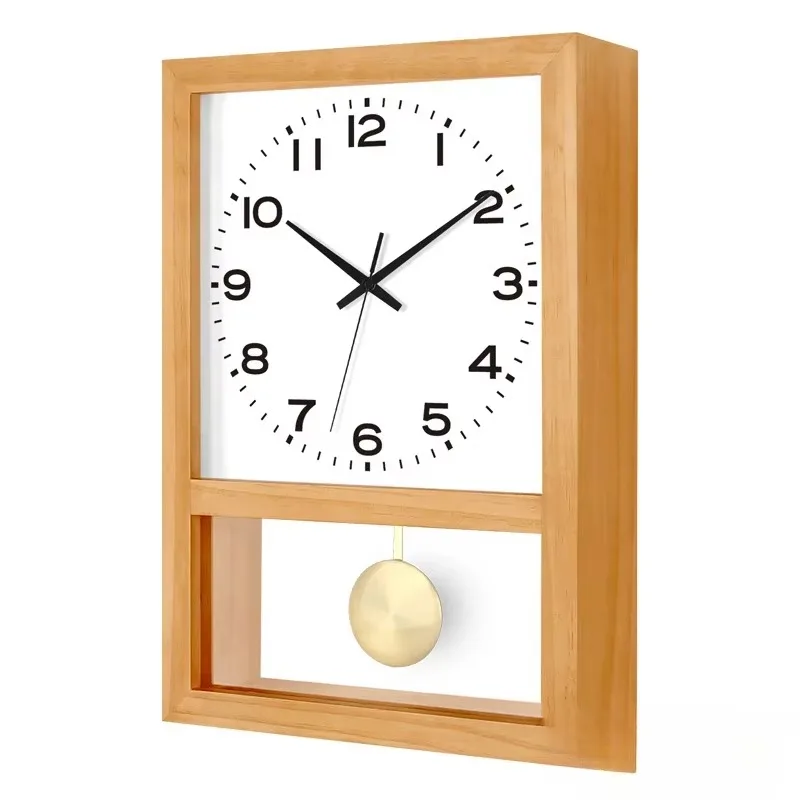 Japanese Retro Solid Wood Wall Clock, Square Rocking Art Clock, Household Decoration for Living Room