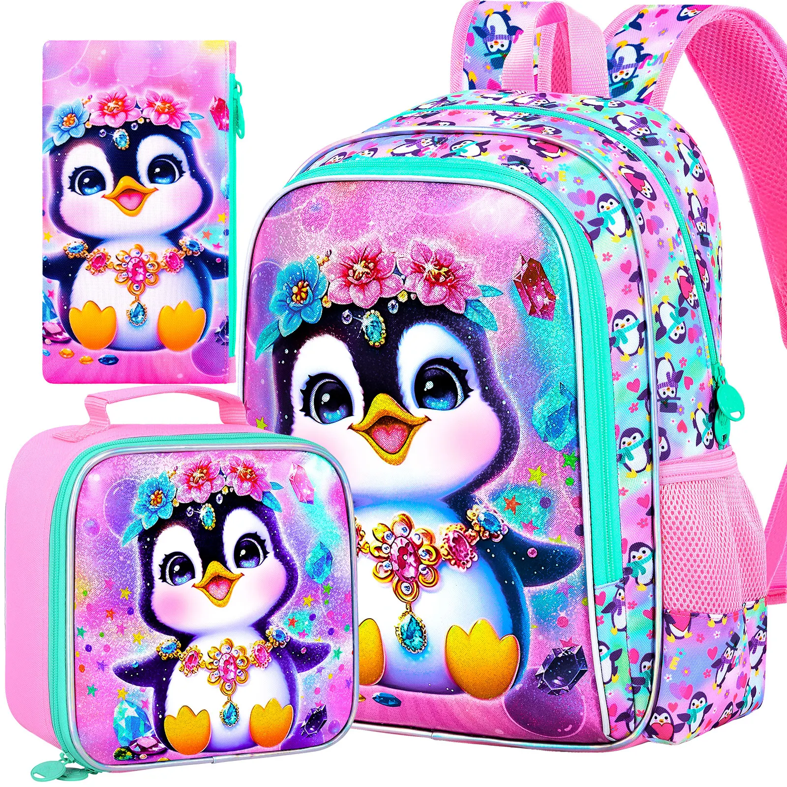 

3pcs" Girls Backpack, 16" Kids Bookbag with Lunch Box，Penguin School Backpacks for Elementary Preschool Kindergarten (Pink)