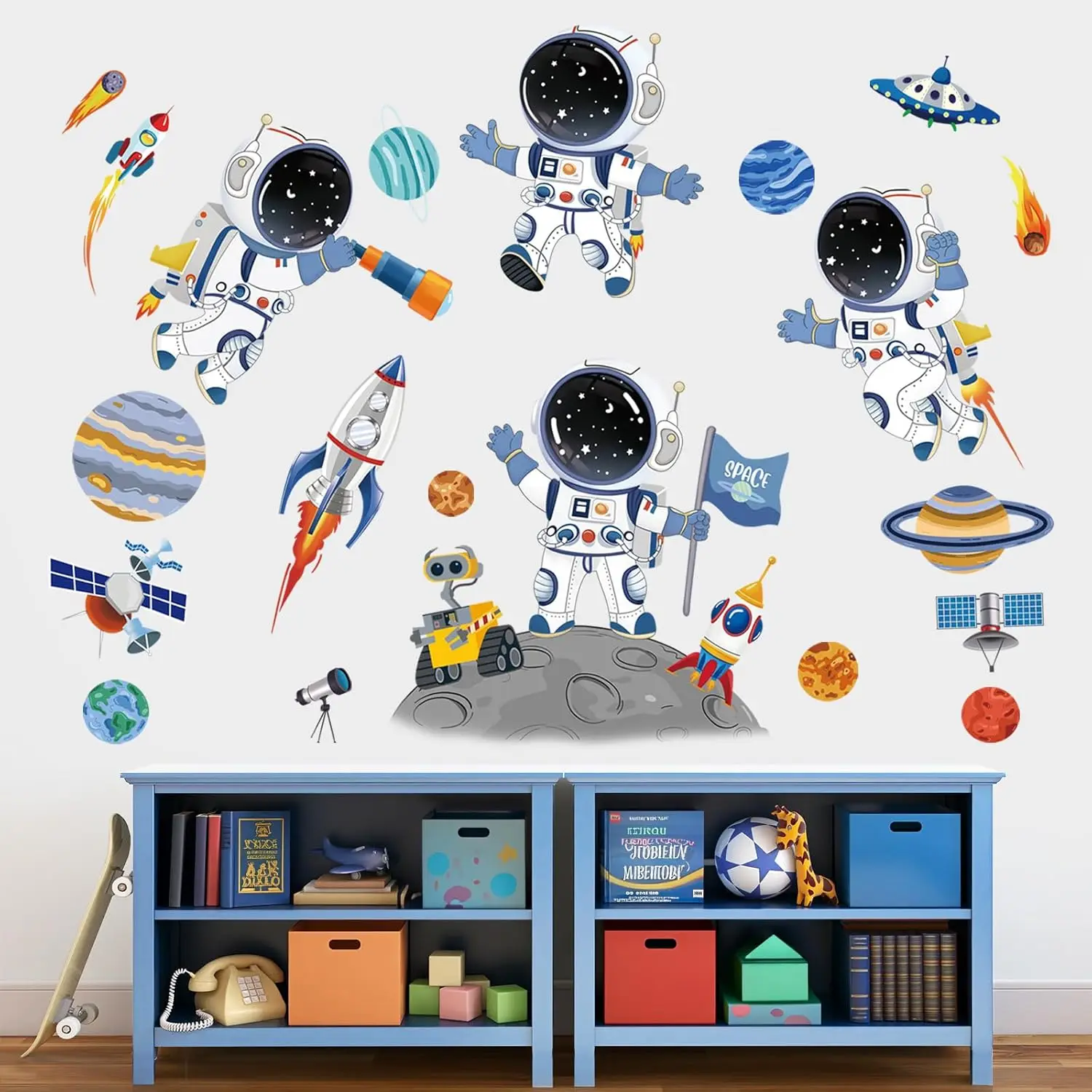 Cartoon Space Astronaut Wall Stickers Playroom Rocket Universe Space Planets Wall Decals Baby Nursery Boys Bedroom Decor