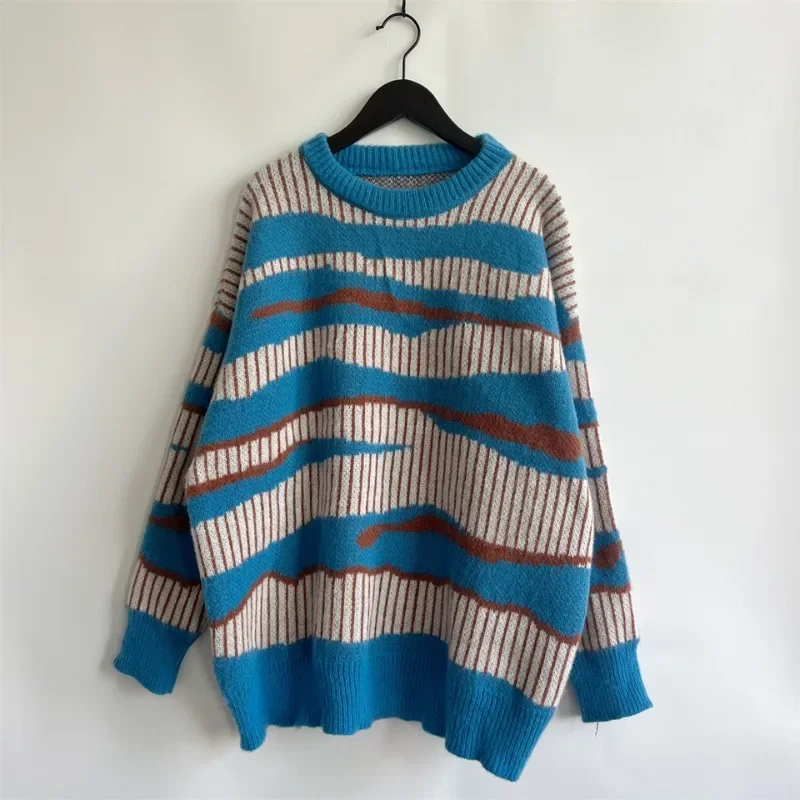 

Korean Sweater Autumn Winter Thickened Contrast Irregular Striped Pullover O Neck Long Sleeve Loose Sweater for Women Jumper