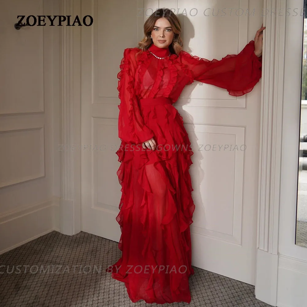 Vestidos de noite chiffon vermelho com babados, vestidos personalizados simples, festa formal de baile, mangas compridas, em camadas, 2022