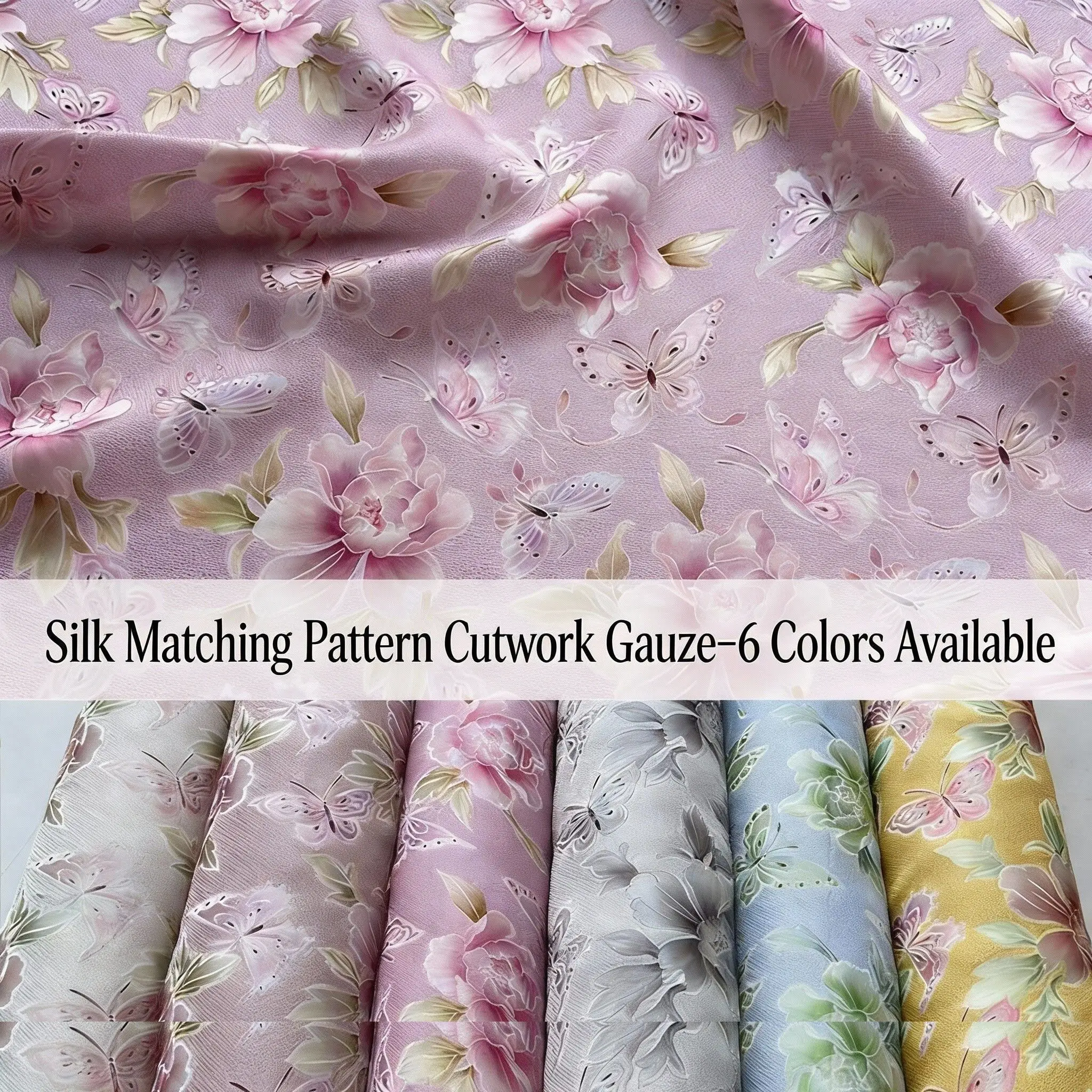

Шелковая ткань с принтом бабочек и цветов, ажурным китайским узором для пошива платьев, блузок, торжественных нарядов, натуральный текстиль