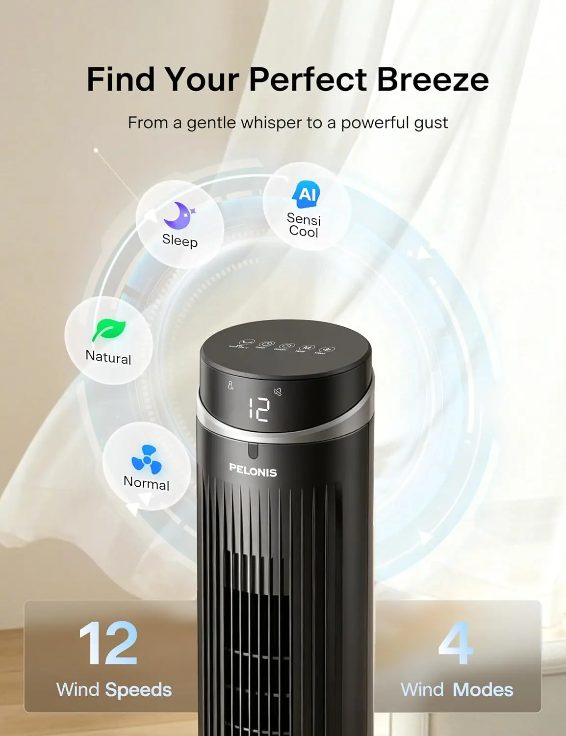 42 Inch 90 Degree Oscillation Tower Fan Bedroom Remote Black Standing Cooling Brushless DC Motor 2045 CFM 28 Ft S 12 Speed 4 Mod