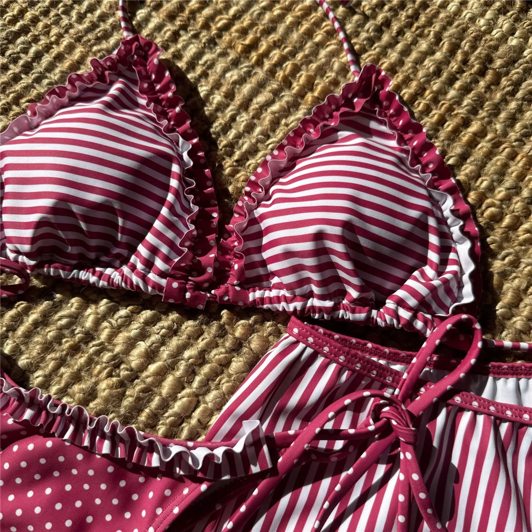 Neuer gestreifter Bikini mit Polka-Dot-Muster, Neckholder-Shorts, Damen-Badeanzug, dreiteiliges Bikini-Set, Badebekleidung, Badeanzug, Schwimmanzug V6384 – Detail 25